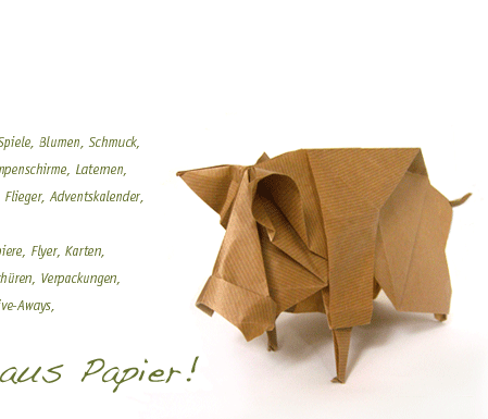 Geschftspapier, Flyer, Karten, 
Folder, Broschren, Verpackungen, 
Aufsteller, Give-Aways, 

Schachteln, Spiele, Blumen, Schmuck, 
Taschen, Lampenschirme, Laternen, 
Bastelbgen, Flieger, Adventskalender, 
...